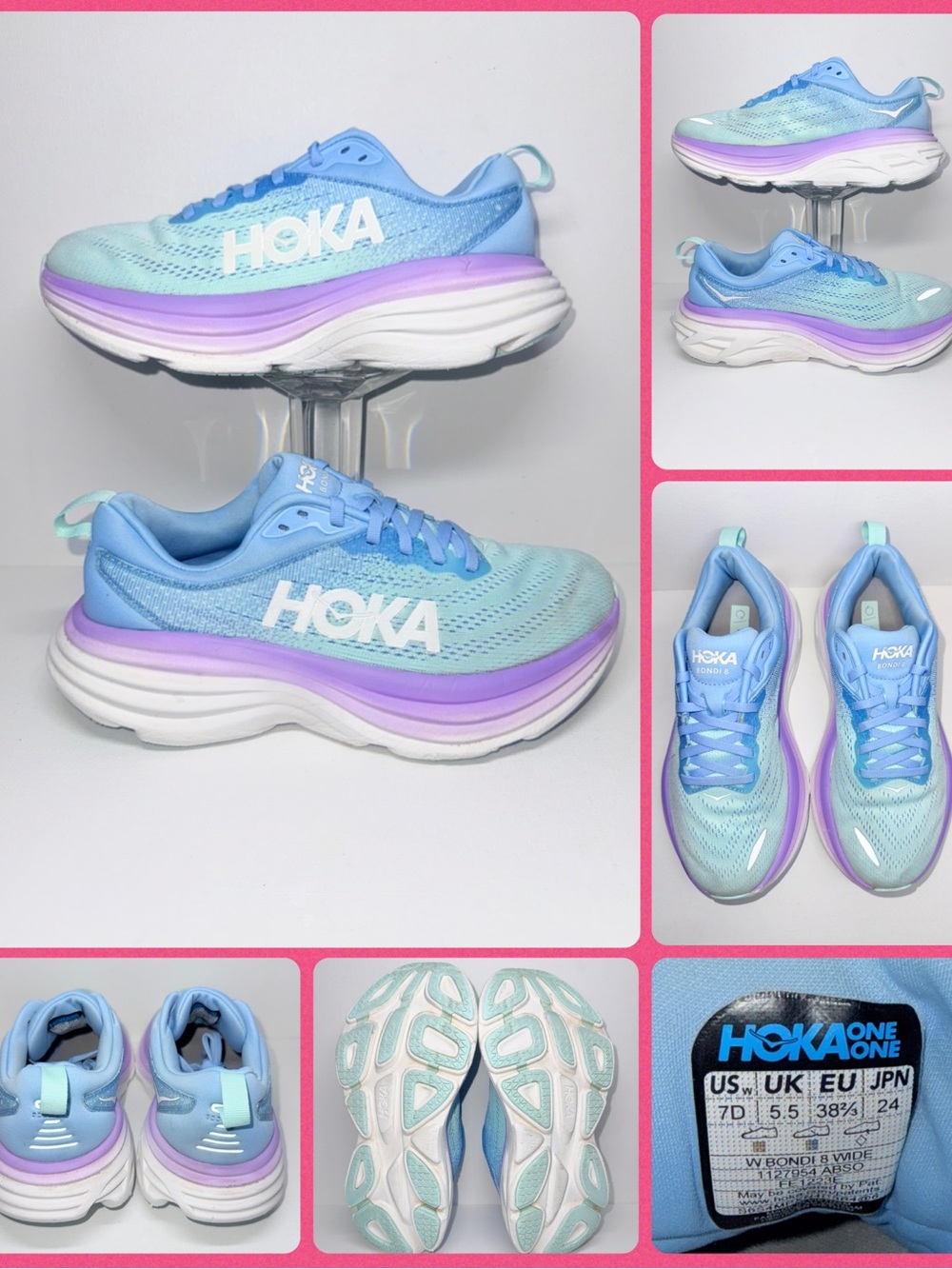 HOKA BONDI 8 Aqua & Lavender Road-Running Sneakers size 7 WIDE